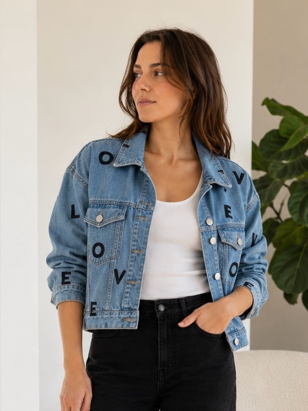 Current/Elliott The Collin Cropped Oversized Letter-Print LOVE Denim Jean Jacket